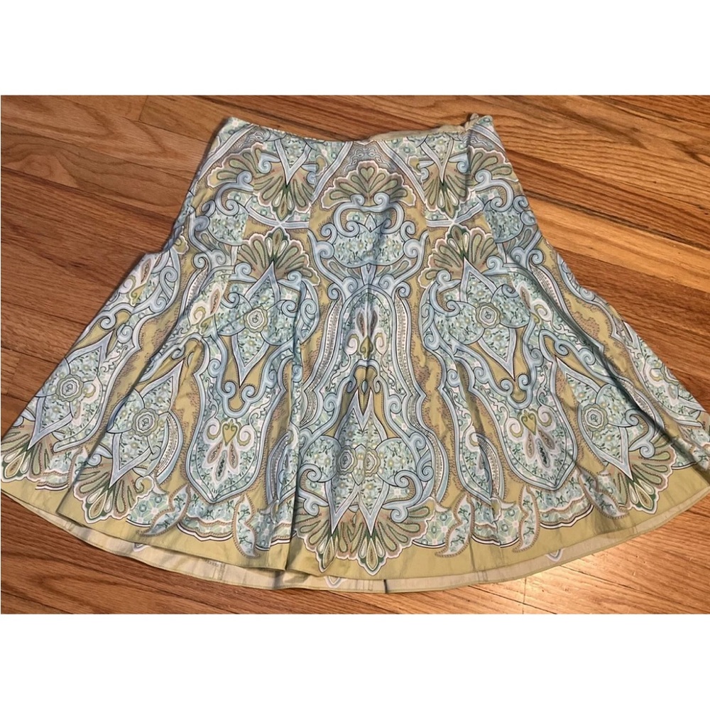 TALBOTS Cotton Paisley Skirt Size 10 Flare Pleats Lined Lime Green Blue
